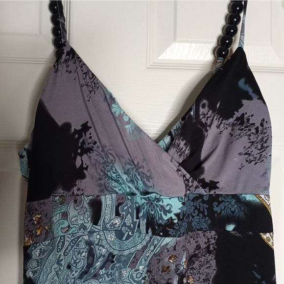 Essentials By Milano Sz M Womens Maxi Dress Paisley Green Beads Spaghetti - Picture 6 of 13